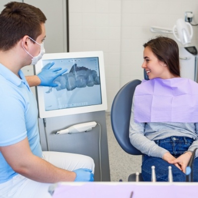 Dentist and patient looking at smile on digital impression system